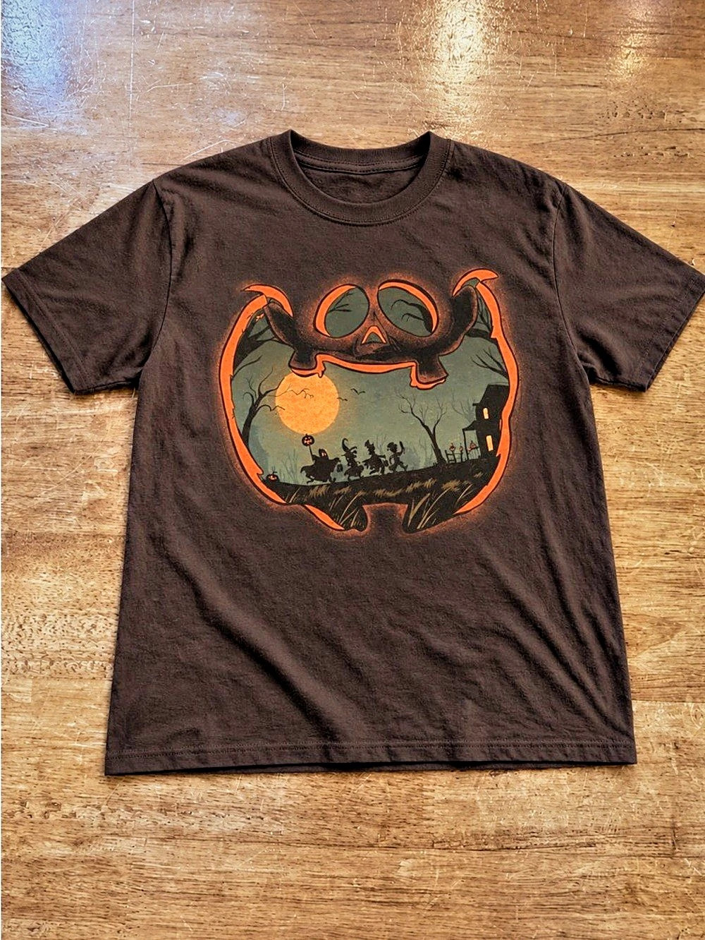 Horror Moon Night Pumpkin Halloween T-Shirt in Dark Chocolate Color